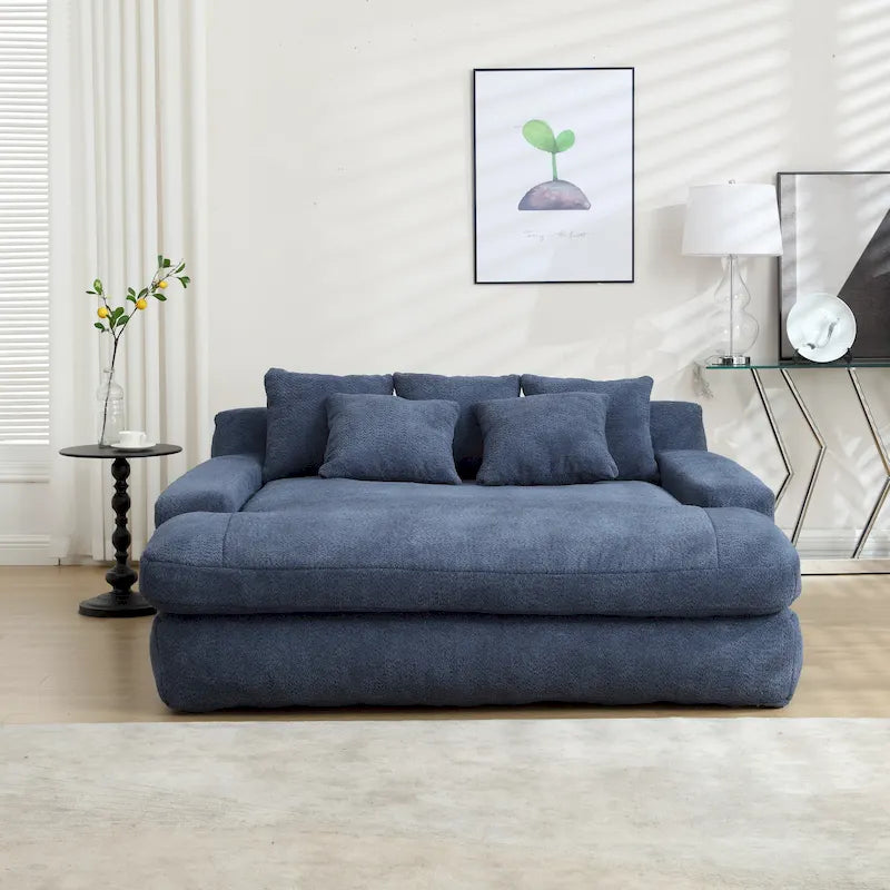 Canapé convertible 2 places en chenille avec 5 coussins de dossier – Bleu marine / Jaune moutarde / Blanc / Émeraude / Gris