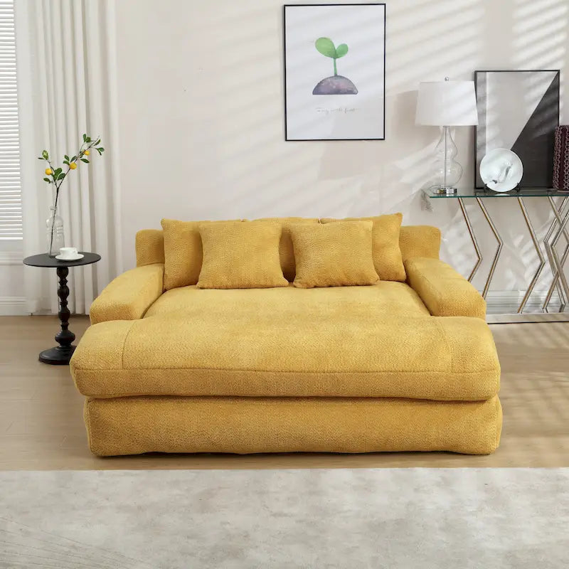 Canapé convertible 2 places en chenille avec 5 coussins de dossier – Bleu marine / Jaune moutarde / Blanc / Émeraude / Gris