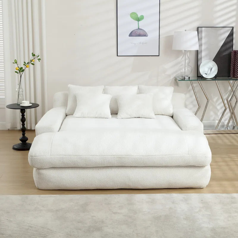 Canapé convertible 2 places en chenille avec 5 coussins de dossier – Bleu marine / Jaune moutarde / Blanc / Émeraude / Gris