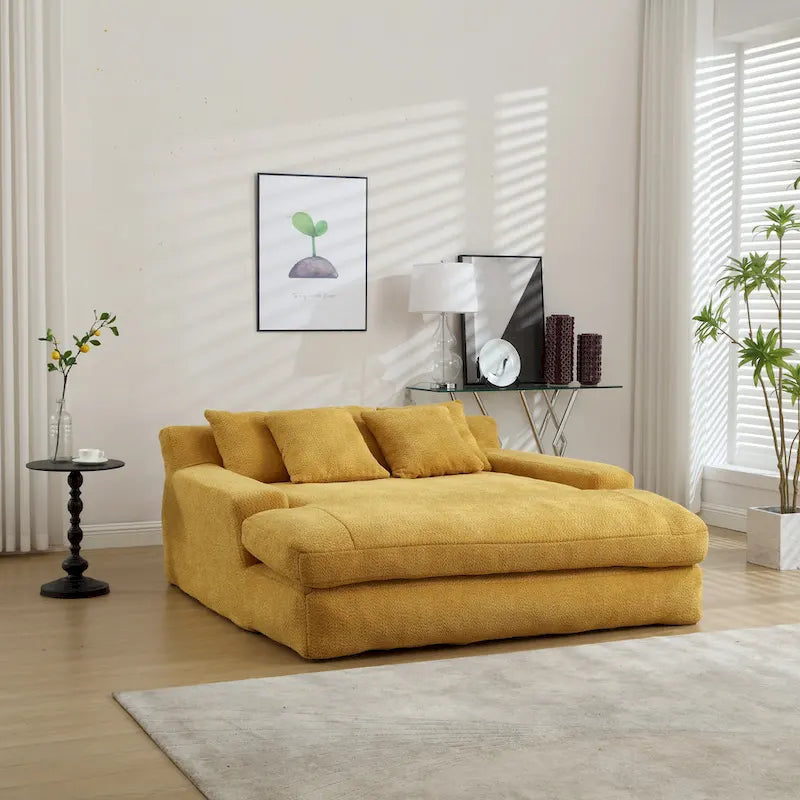 Canapé convertible 2 places en chenille avec 5 coussins de dossier – Bleu marine / Jaune moutarde / Blanc / Émeraude / Gris