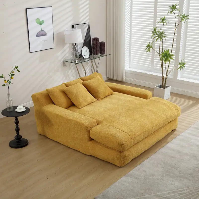 Canapé convertible 2 places en chenille avec 5 coussins de dossier – Bleu marine / Jaune moutarde / Blanc / Émeraude / Gris