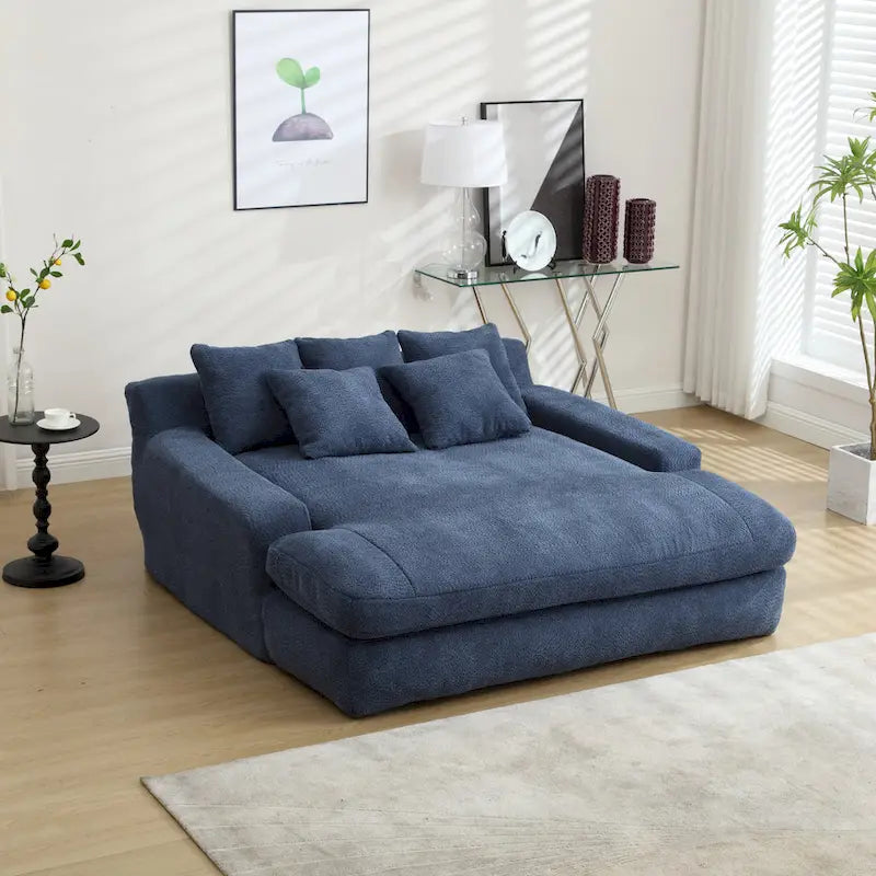 Canapé convertible 2 places en chenille avec 5 coussins de dossier – Bleu marine / Jaune moutarde / Blanc / Émeraude / Gris