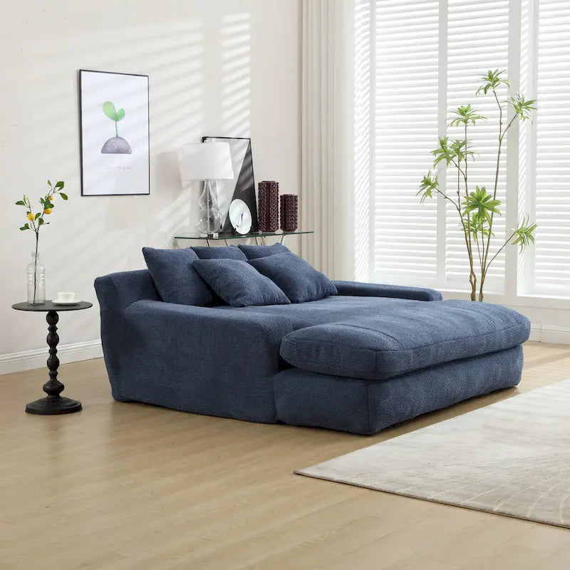 Canapé convertible 2 places en chenille avec 5 coussins de dossier – Bleu marine / Jaune moutarde / Blanc / Émeraude / Gris