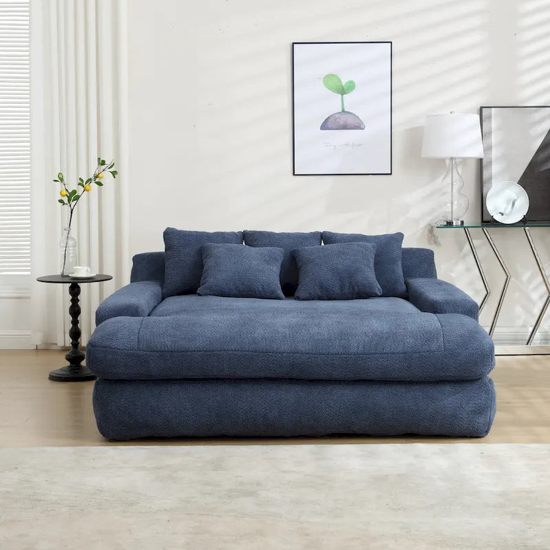 Canapé convertible 2 places en chenille avec 5 coussins de dossier – Bleu marine / Jaune moutarde / Blanc / Émeraude / Gris