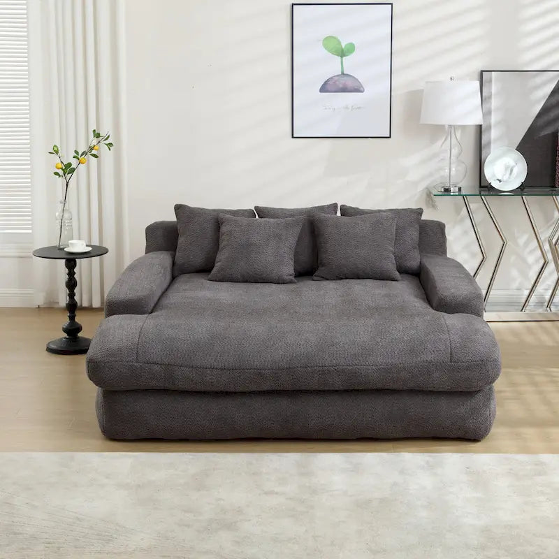 Canapé convertible 2 places en chenille avec 5 coussins de dossier – Bleu marine / Jaune moutarde / Blanc / Émeraude / Gris