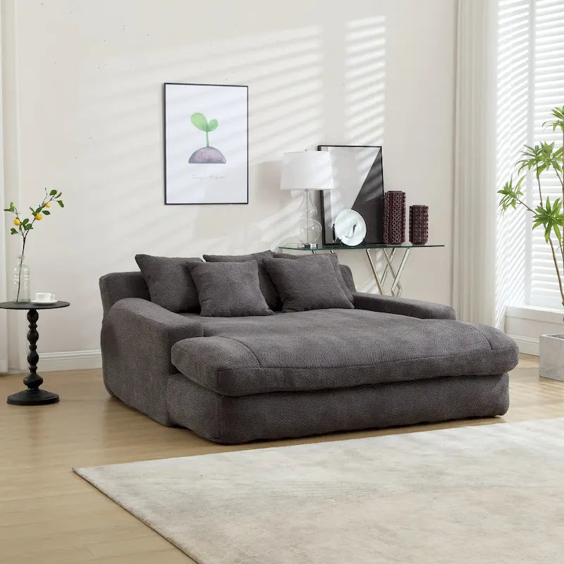 Canapé convertible 2 places en chenille avec 5 coussins de dossier – Bleu marine / Jaune moutarde / Blanc / Émeraude / Gris