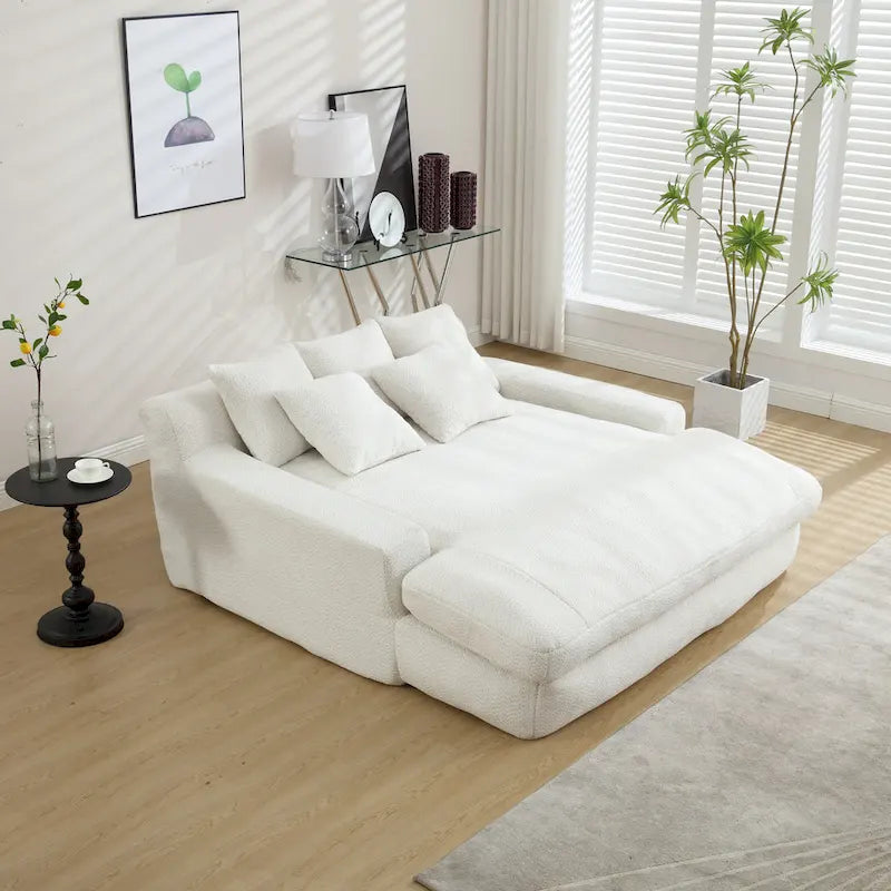 Canapé convertible 2 places en chenille avec 5 coussins de dossier – Bleu marine / Jaune moutarde / Blanc / Émeraude / Gris