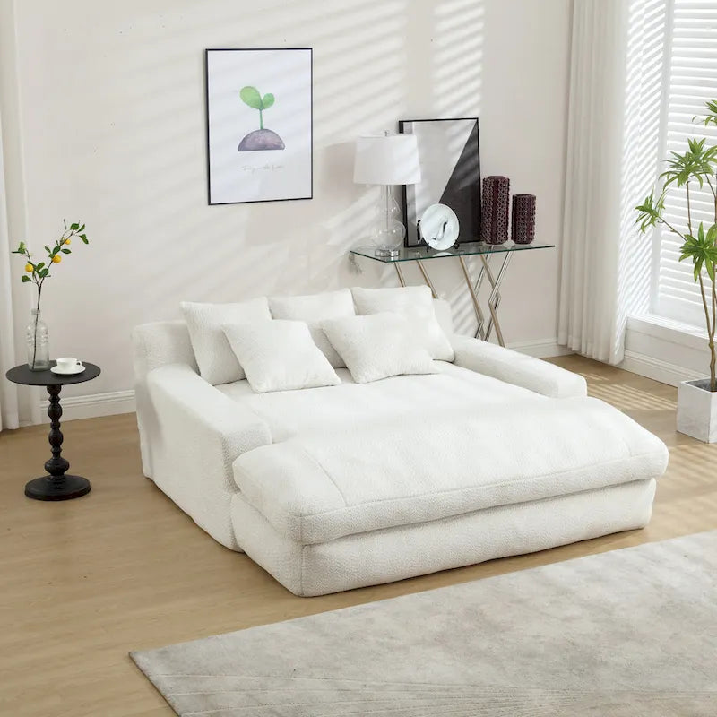 Canapé convertible 2 places en chenille avec 5 coussins de dossier – Bleu marine / Jaune moutarde / Blanc / Émeraude / Gris