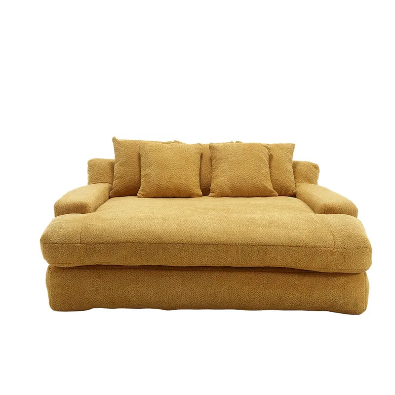 Canapé convertible 2 places en chenille avec 5 coussins de dossier – Bleu marine / Jaune moutarde / Blanc / Émeraude / Gris