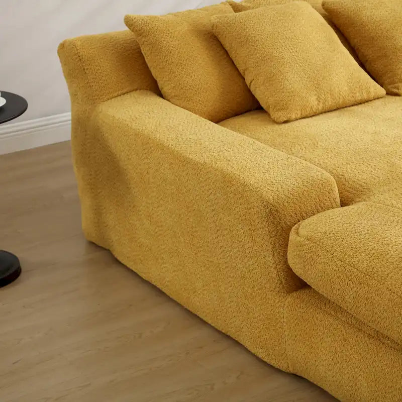 Canapé convertible 2 places en chenille avec 5 coussins de dossier – Bleu marine / Jaune moutarde / Blanc / Émeraude / Gris