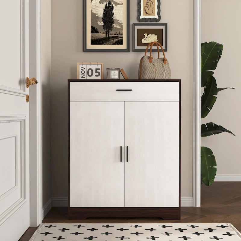 Meuble à chaussures à 4 niveaux Noyer/Naturel avec tiroir, 2 portes, pour 2 à 4 personnes