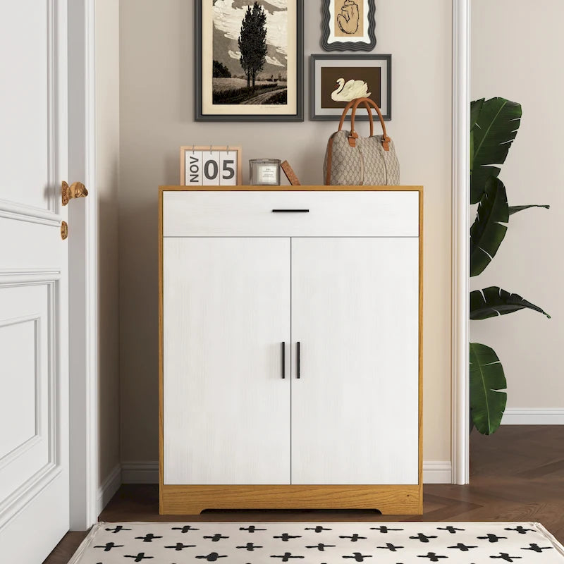 Meuble à chaussures à 4 niveaux Noyer/Naturel avec tiroir, 2 portes, pour 2 à 4 personnes