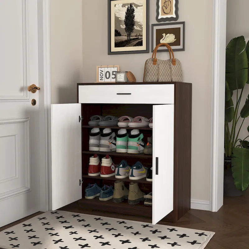 Meuble à chaussures à 4 niveaux Noyer/Naturel avec tiroir, 2 portes, pour 2 à 4 personnes