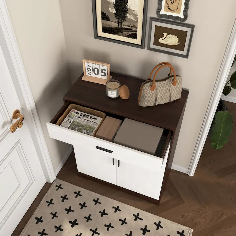 Meuble à chaussures à 4 niveaux Noyer/Naturel avec tiroir, 2 portes, pour 2 à 4 personnes