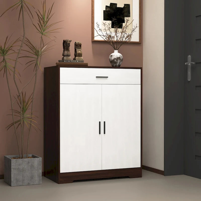 Meuble à chaussures à 4 niveaux Noyer/Naturel avec tiroir, 2 portes, pour 2 à 4 personnes