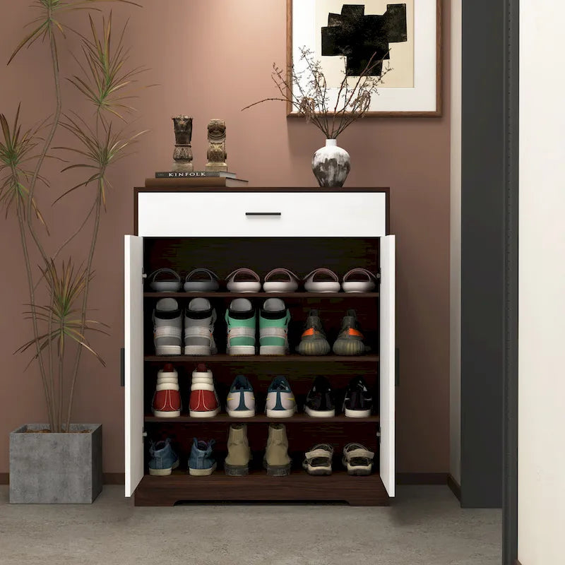 Meuble à chaussures à 4 niveaux Noyer/Naturel avec tiroir, 2 portes, pour 2 à 4 personnes