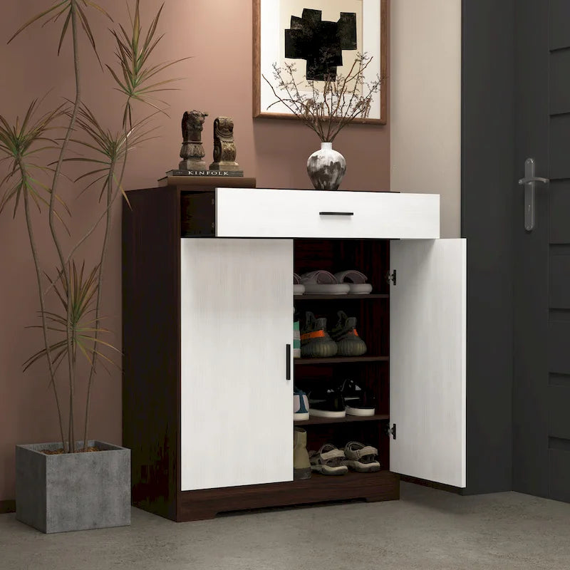 Meuble à chaussures à 4 niveaux Noyer/Naturel avec tiroir, 2 portes, pour 2 à 4 personnes