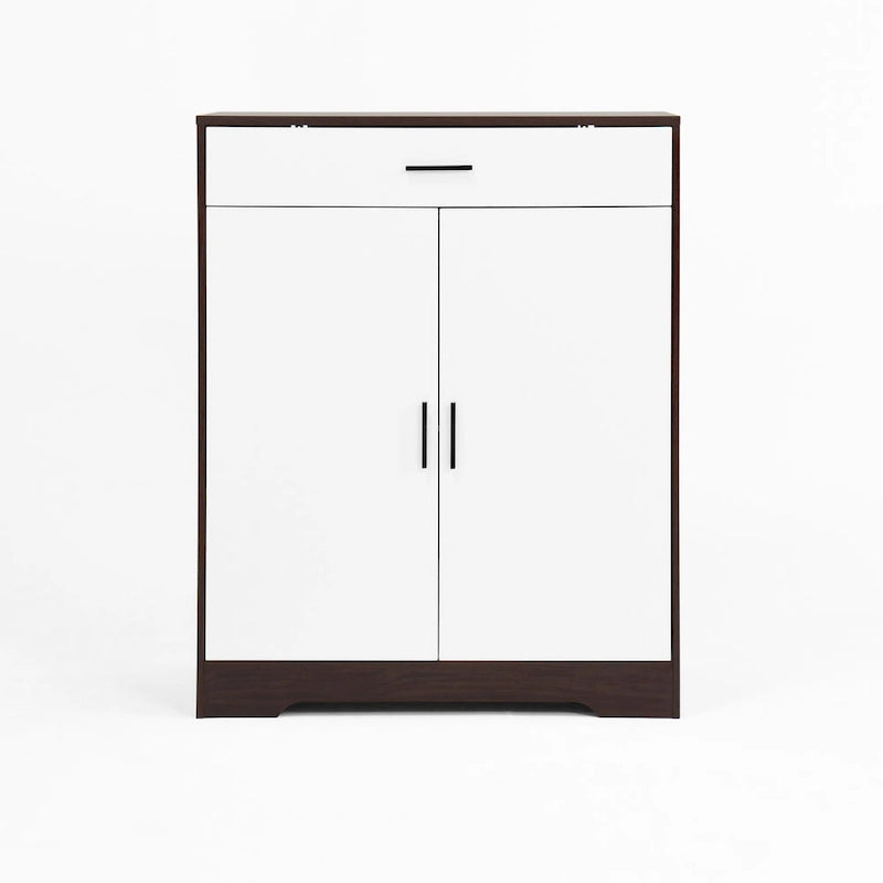 Meuble à chaussures à 4 niveaux Noyer/Naturel avec tiroir, 2 portes, pour 2 à 4 personnes