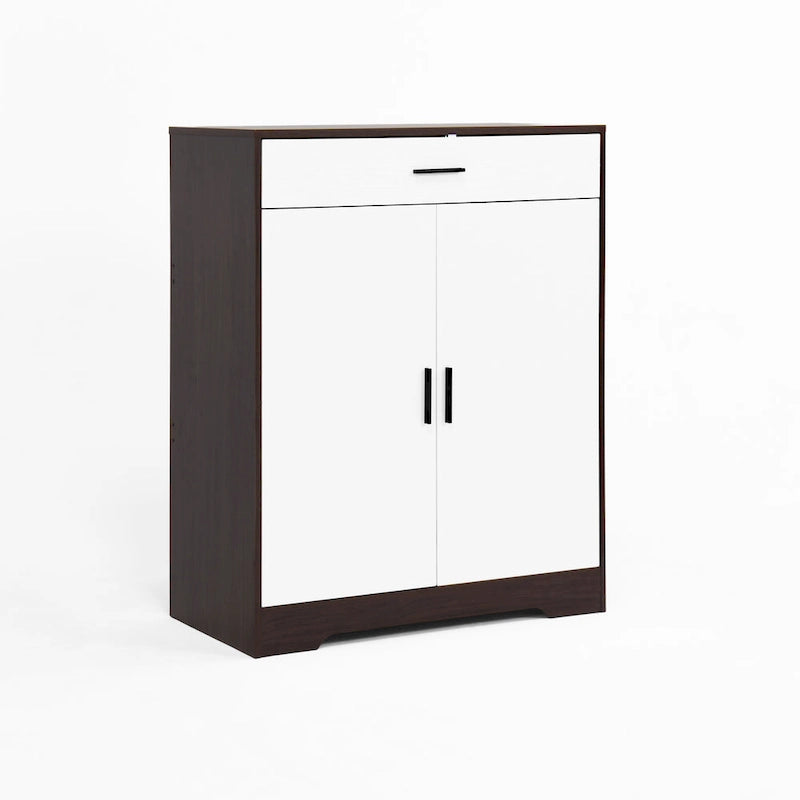 Meuble à chaussures à 4 niveaux Noyer/Naturel avec tiroir, 2 portes, pour 2 à 4 personnes
