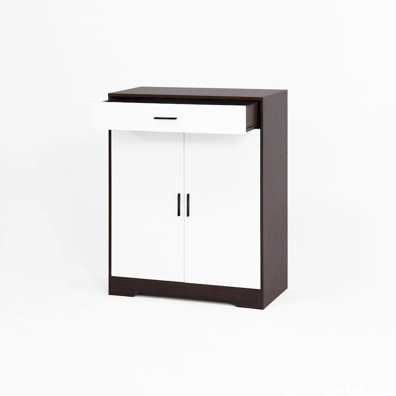 Meuble à chaussures à 4 niveaux Noyer/Naturel avec tiroir, 2 portes, pour 2 à 4 personnes