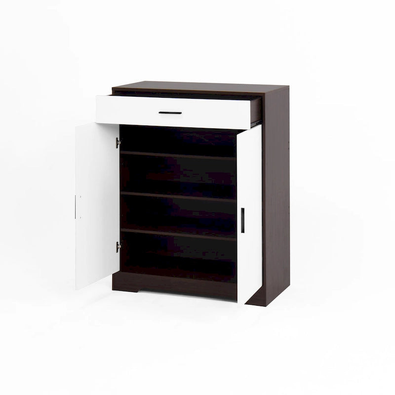 Meuble à chaussures à 4 niveaux Noyer/Naturel avec tiroir, 2 portes, pour 2 à 4 personnes