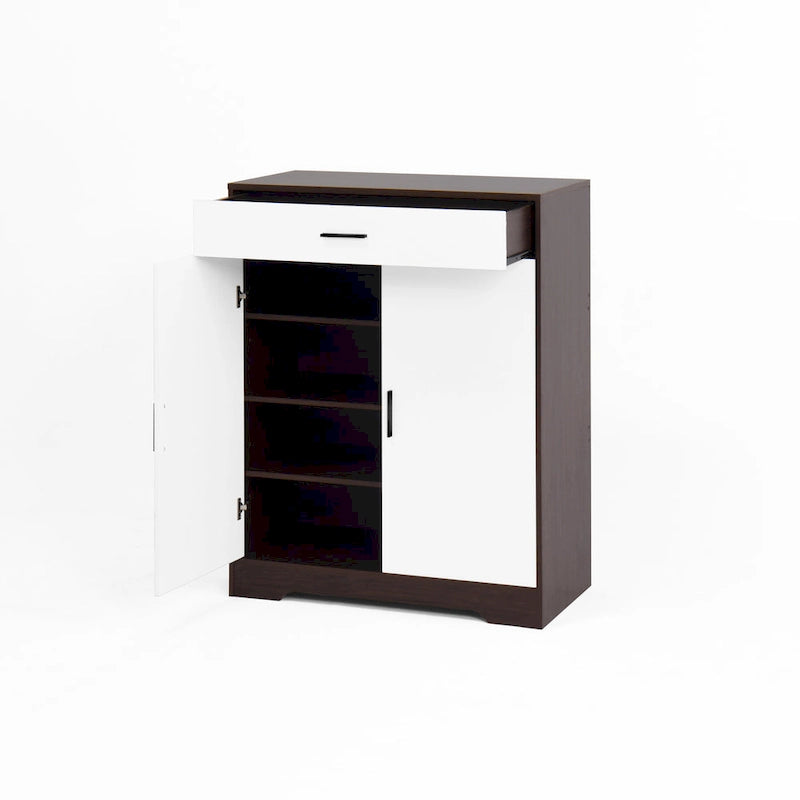 Meuble à chaussures à 4 niveaux Noyer/Naturel avec tiroir, 2 portes, pour 2 à 4 personnes