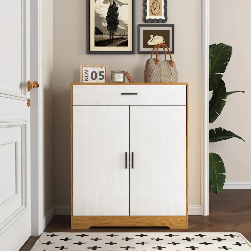 Meuble à chaussures à 4 niveaux Noyer/Naturel avec tiroir, 2 portes, pour 2 à 4 personnes