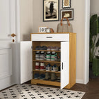 Meuble à chaussures à 4 niveaux Noyer/Naturel avec tiroir, 2 portes, pour 2 à 4 personnes