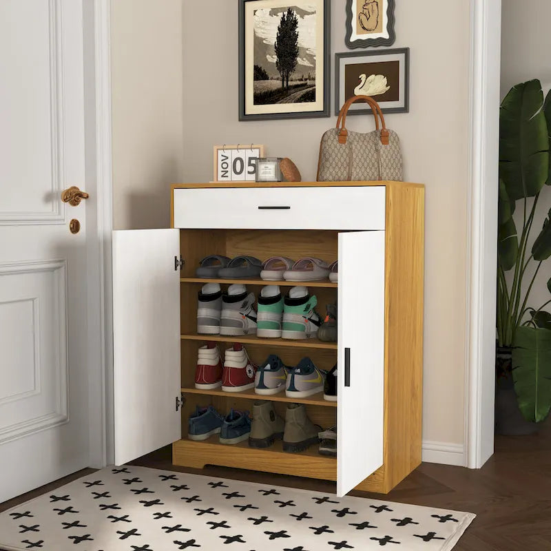 Meuble à chaussures à 4 niveaux Noyer/Naturel avec tiroir, 2 portes, pour 2 à 4 personnes