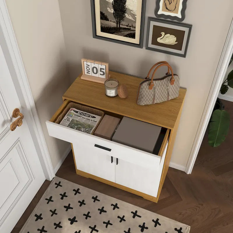 Meuble à chaussures à 4 niveaux Noyer/Naturel avec tiroir, 2 portes, pour 2 à 4 personnes