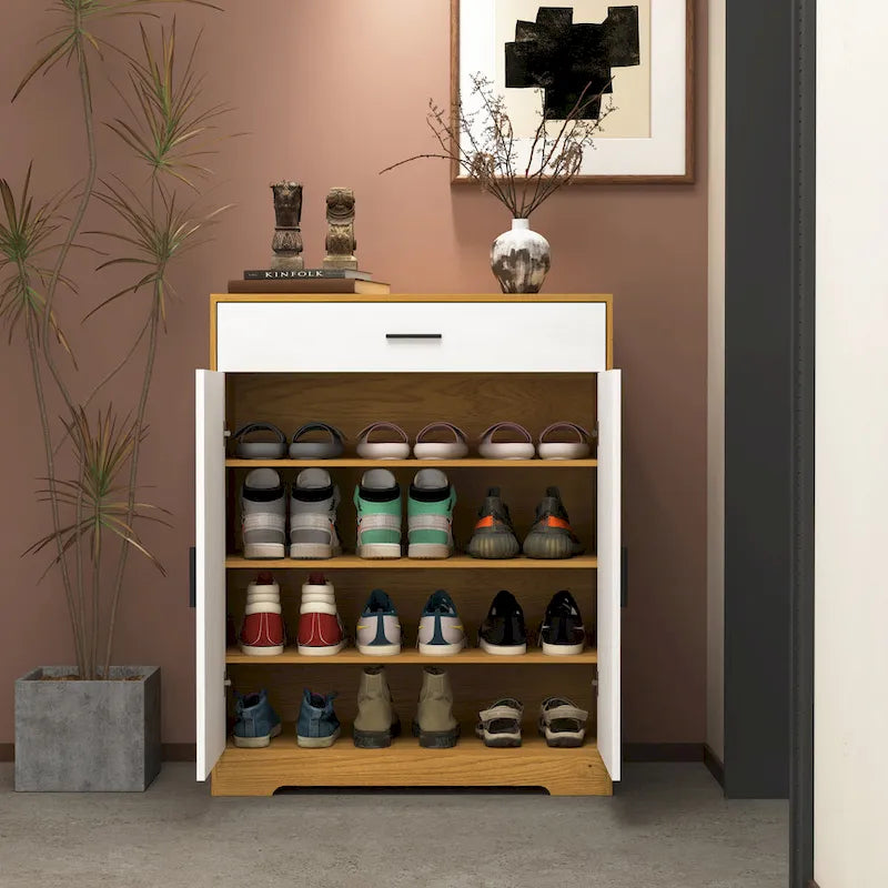 Meuble à chaussures à 4 niveaux Noyer/Naturel avec tiroir, 2 portes, pour 2 à 4 personnes