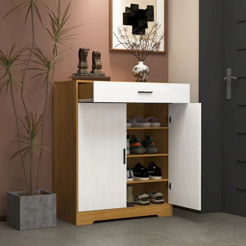 Meuble à chaussures à 4 niveaux Noyer/Naturel avec tiroir, 2 portes, pour 2 à 4 personnes