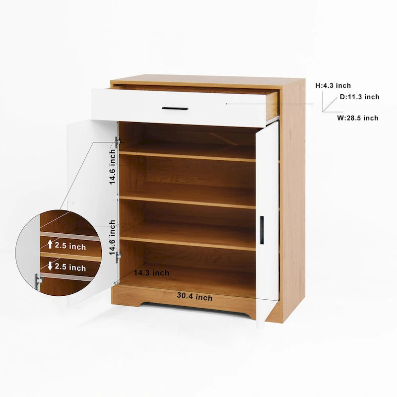 Meuble à chaussures à 4 niveaux Noyer/Naturel avec tiroir, 2 portes, pour 2 à 4 personnes