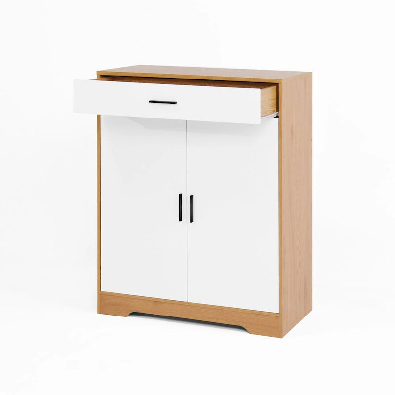 Meuble à chaussures à 4 niveaux Noyer/Naturel avec tiroir, 2 portes, pour 2 à 4 personnes