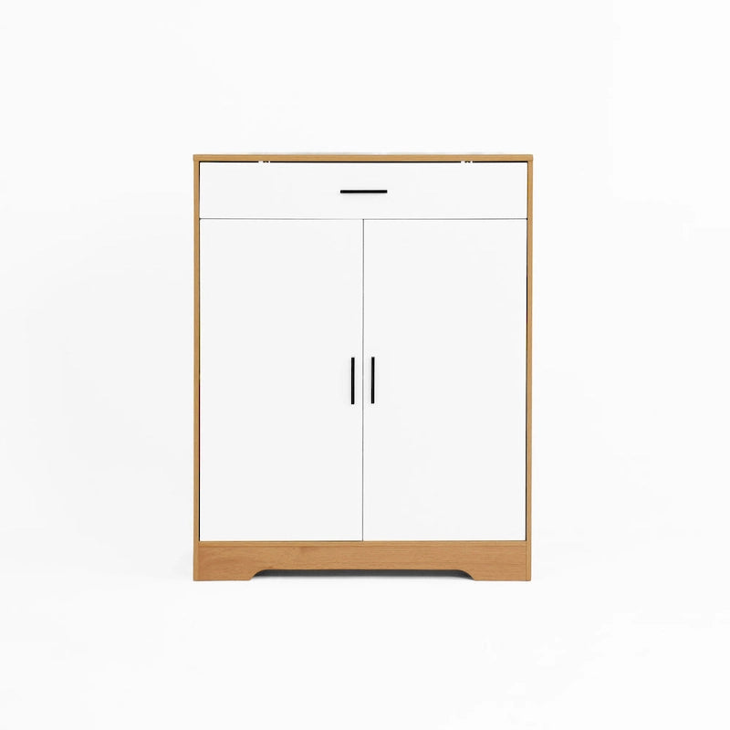 Meuble à chaussures à 4 niveaux Noyer/Naturel avec tiroir, 2 portes, pour 2 à 4 personnes