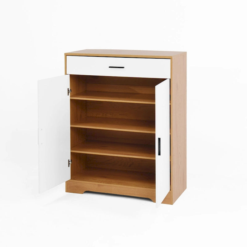 Meuble à chaussures à 4 niveaux Noyer/Naturel avec tiroir, 2 portes, pour 2 à 4 personnes