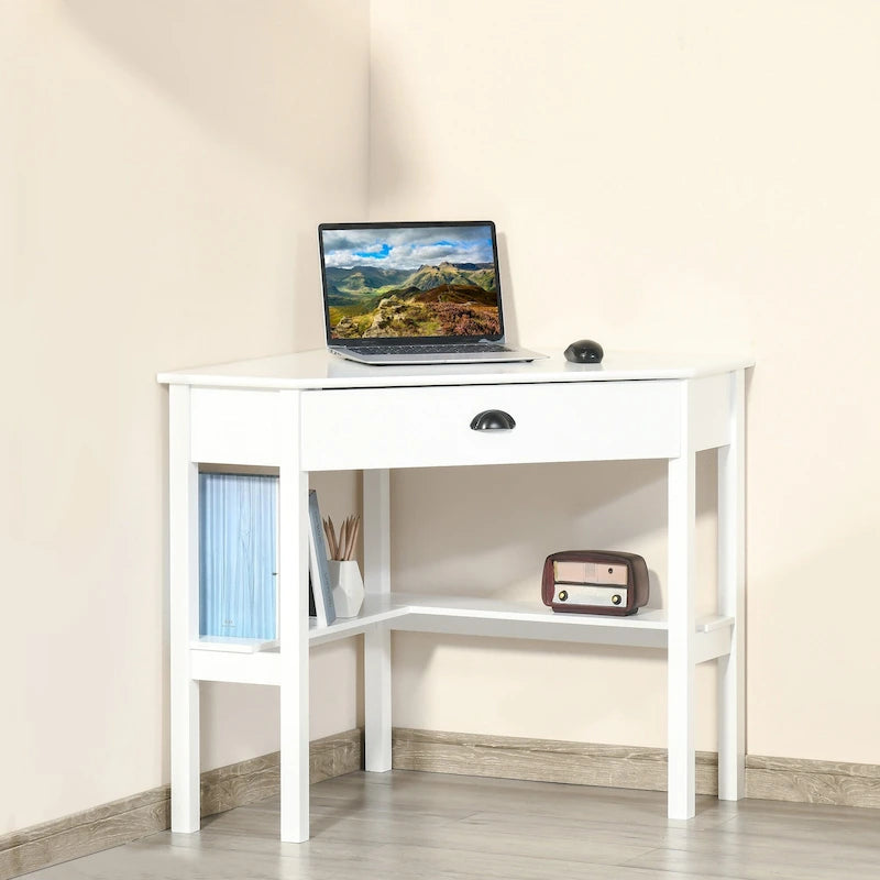 Bureau d'angle blanc avec tiroir et étagère, une place