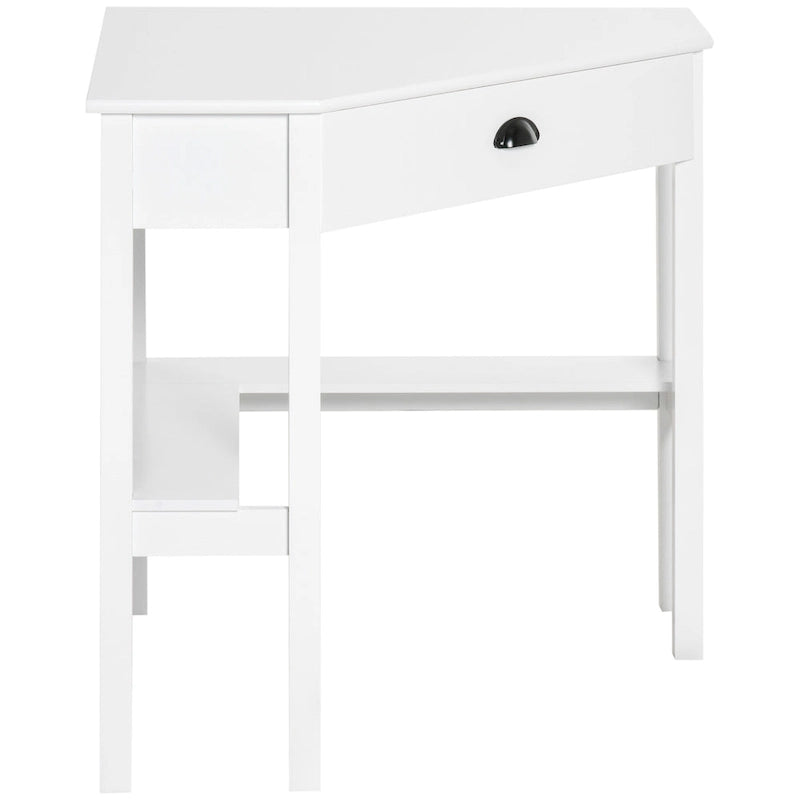Bureau d'angle blanc avec tiroir et étagère, une place