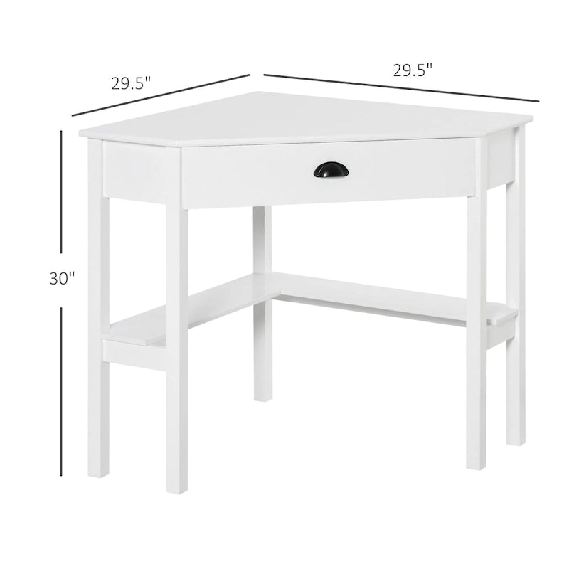 Bureau d'angle blanc avec tiroir et étagère, une place