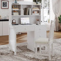 Bureau d'écriture rétro blanc/expresso avec chaise, 4 tiroirs et étagère, pour une personne
