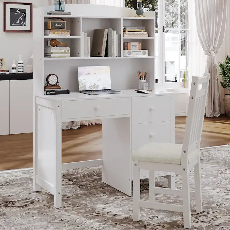 Bureau d'écriture rétro blanc/expresso avec chaise, 4 tiroirs et étagère, pour une personne
