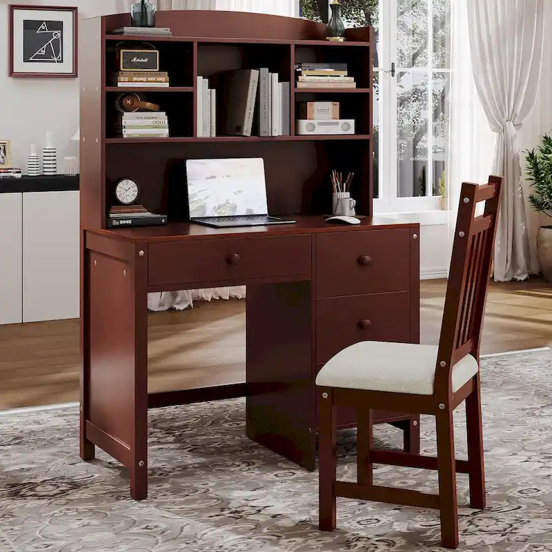 Bureau d'écriture rétro blanc/expresso avec chaise, 4 tiroirs et étagère, pour une personne