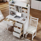 Bureau d'écriture rétro blanc/expresso avec chaise, 4 tiroirs et étagère, pour une personne