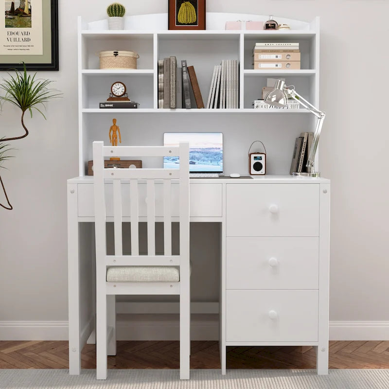 Bureau d'écriture rétro blanc/expresso avec chaise, 4 tiroirs et étagère, pour une personne