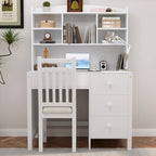 Bureau d'écriture rétro blanc/expresso avec chaise, 4 tiroirs et étagère, pour une personne