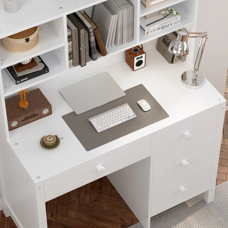 Bureau d'écriture rétro blanc/expresso avec chaise, 4 tiroirs et étagère, pour une personne