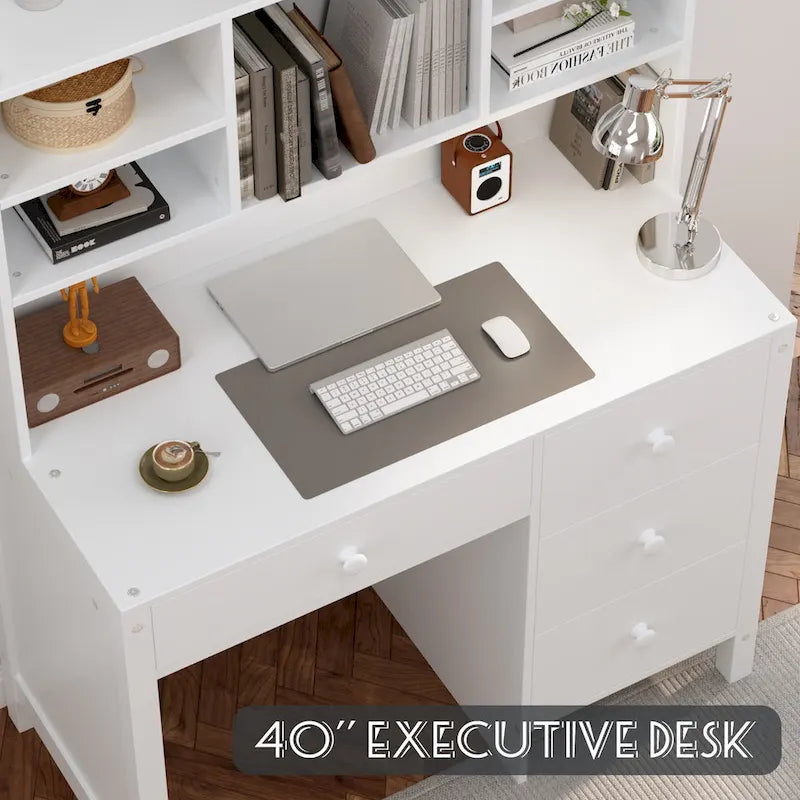 Bureau d'écriture rétro blanc/expresso avec chaise, 4 tiroirs et étagère, pour une personne