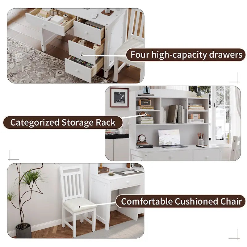 Bureau d'écriture rétro blanc/expresso avec chaise, 4 tiroirs et étagère, pour une personne