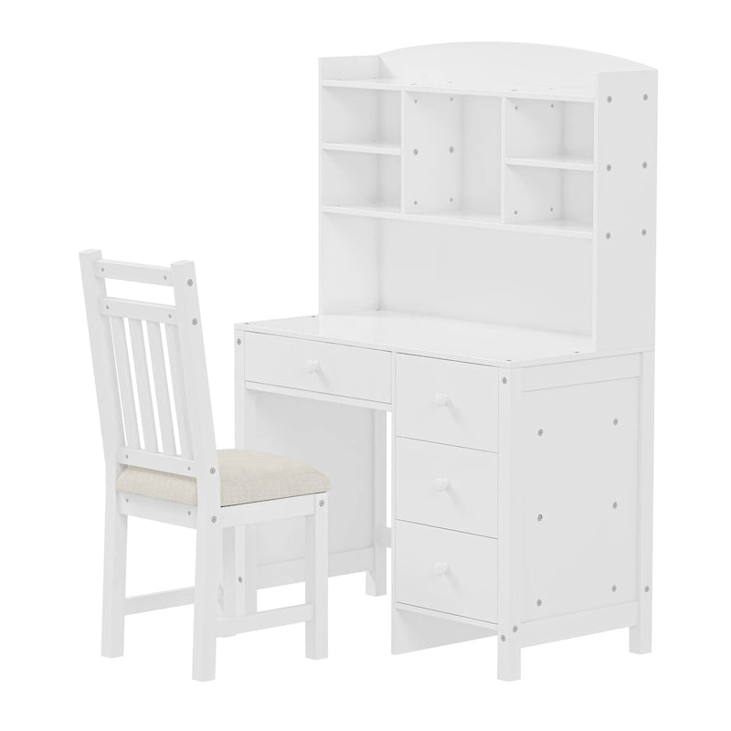 Bureau d'écriture rétro blanc/expresso avec chaise, 4 tiroirs et étagère, pour une personne