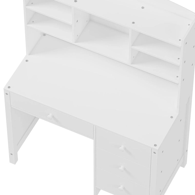 Bureau d'écriture rétro blanc/expresso avec chaise, 4 tiroirs et étagère, pour une personne